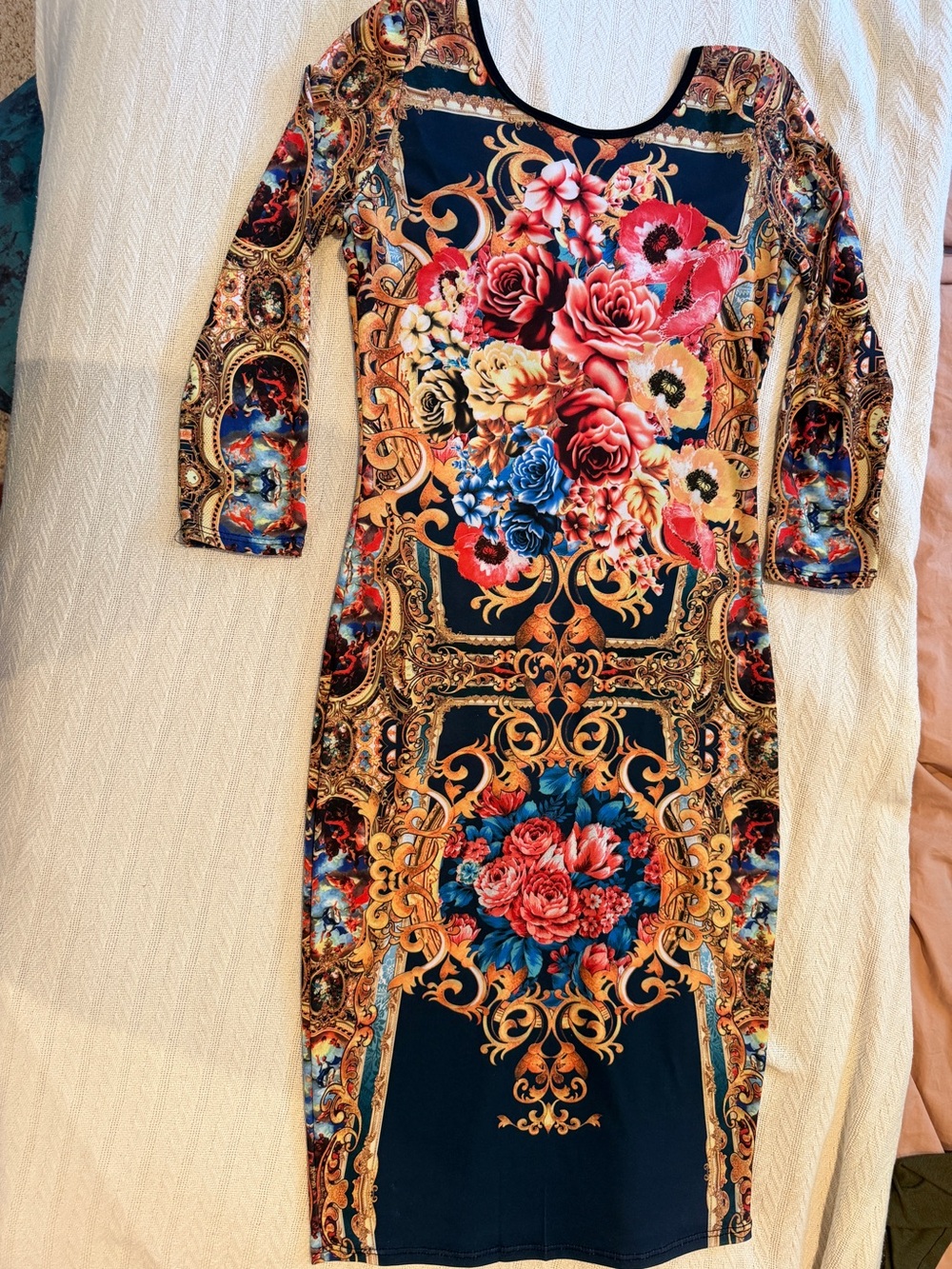Floral Baroque Bodycon Dress in Navy with Multicolor Print Small